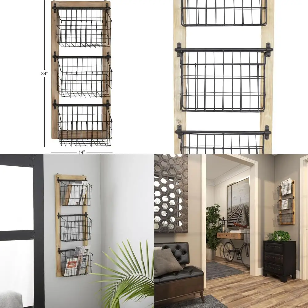 

Металлическая подставка для журналов на 3 отделения с деревянными вставками и подвесными проволочными корзинами, 14 x 5 x 34 дюймов, черная