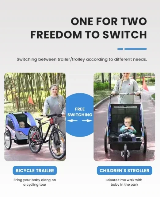 Carrinho de mão de assento duplo infantil, função dupla de reboque de bicicleta, uso externo, três rodas, reboque de viagem à prova d'água