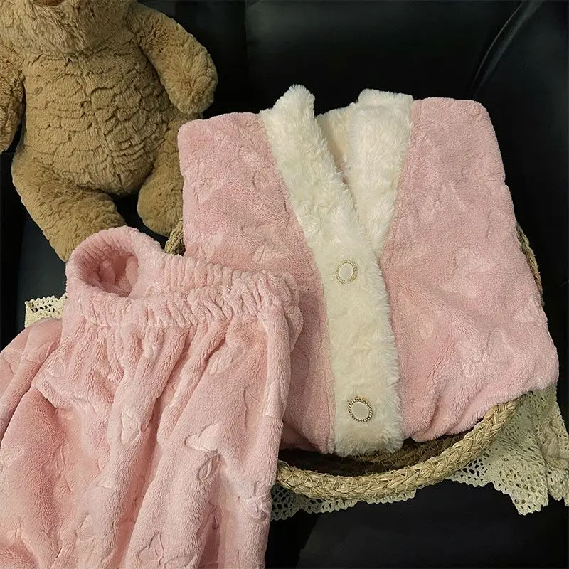 

Женская одежда, пижамы из кораллового флиса, новые зимние пижамы на флисовой подкладке, утепленная фланелевая домашняя одежда, модный удобный пижамный комплект