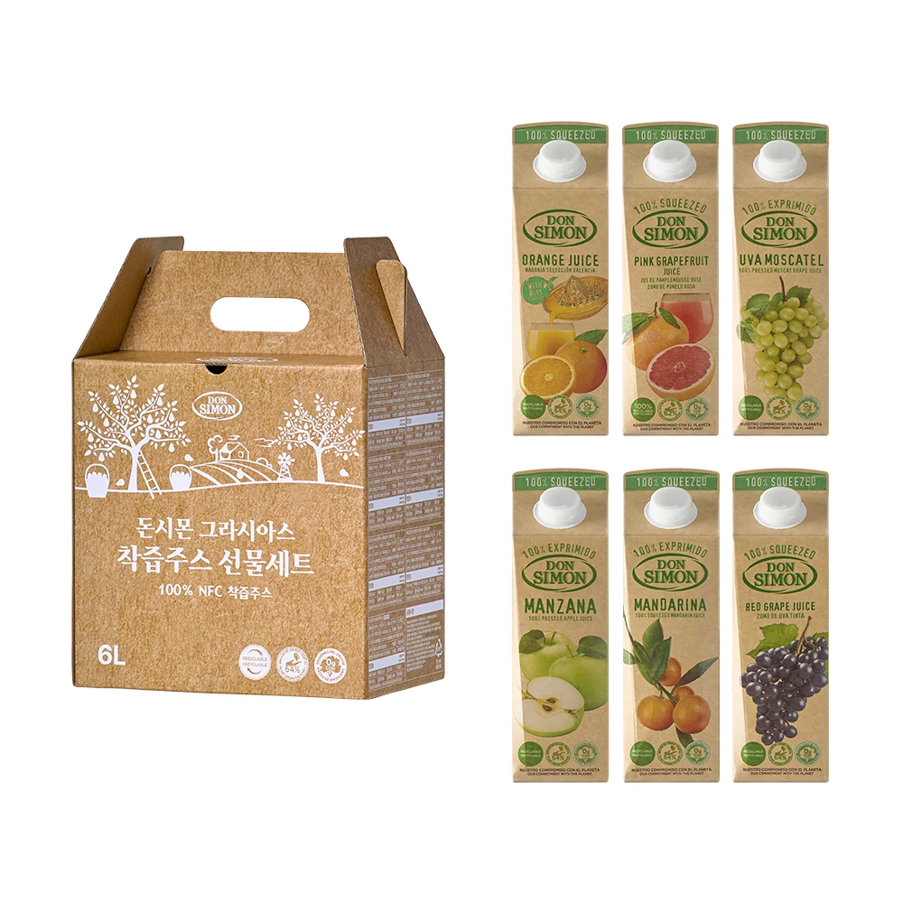Dunshimon 100% Nfc Juego de regalo de jugo recién exprimido 1 litro 6 botellas (naranja/pomelo/mandarina/múcat/uva roja/manzana)