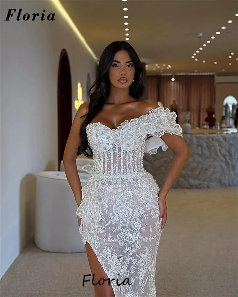

Sexy White Split Side Women Evening Dresses Customized Off Shoulder Cocktail Prom Dress Robes De Soiree Beaded Lace Party Gowns