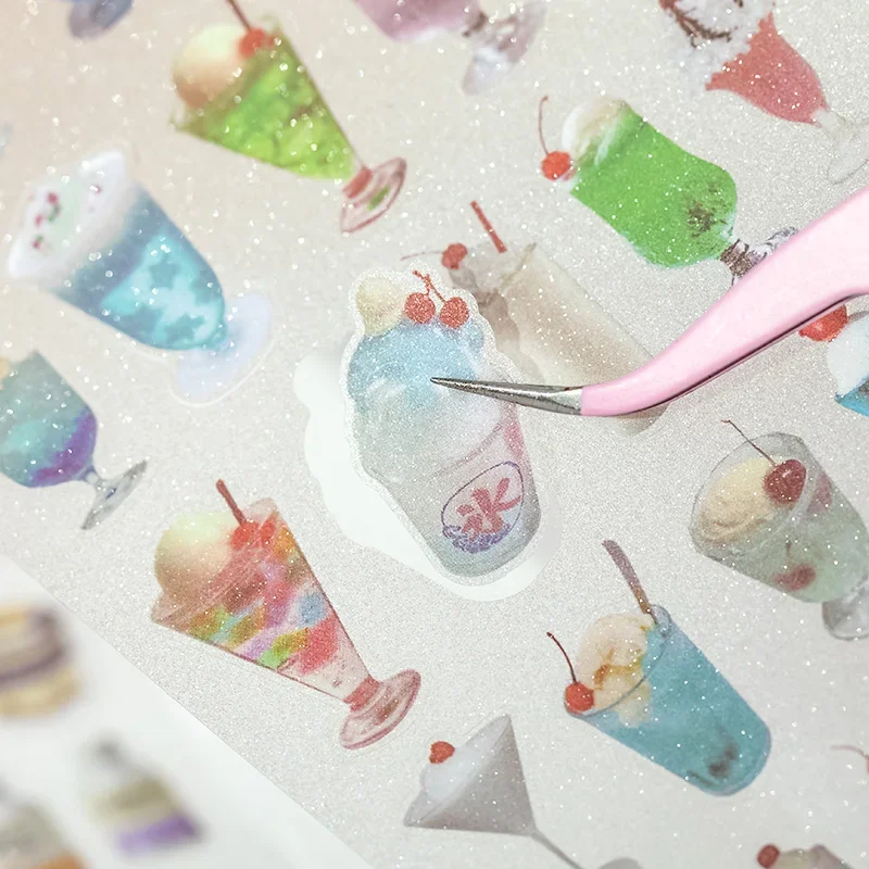 6PCs/bag Glitter Sand PET Stickers Waterproof Durable Sticker Book DIY Handbook Calendar Scrapbook Photo Frame Decoration Gift