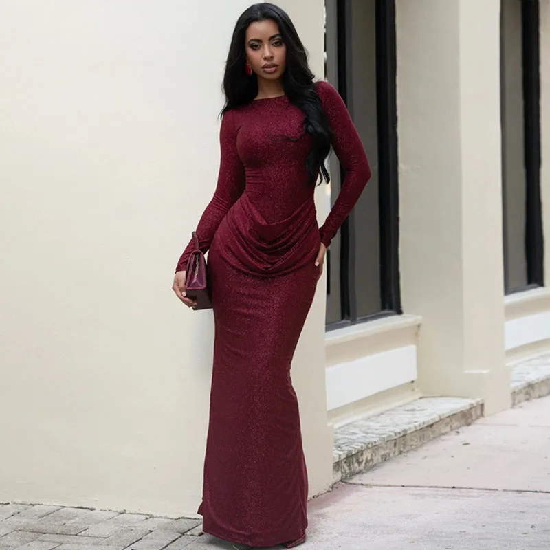 

Вечернее платье Doyerl Glitter Shiner Mermaid для женщин, с длинными рукавами, драпировкой, облегающее, макси, для клубных вечеринок