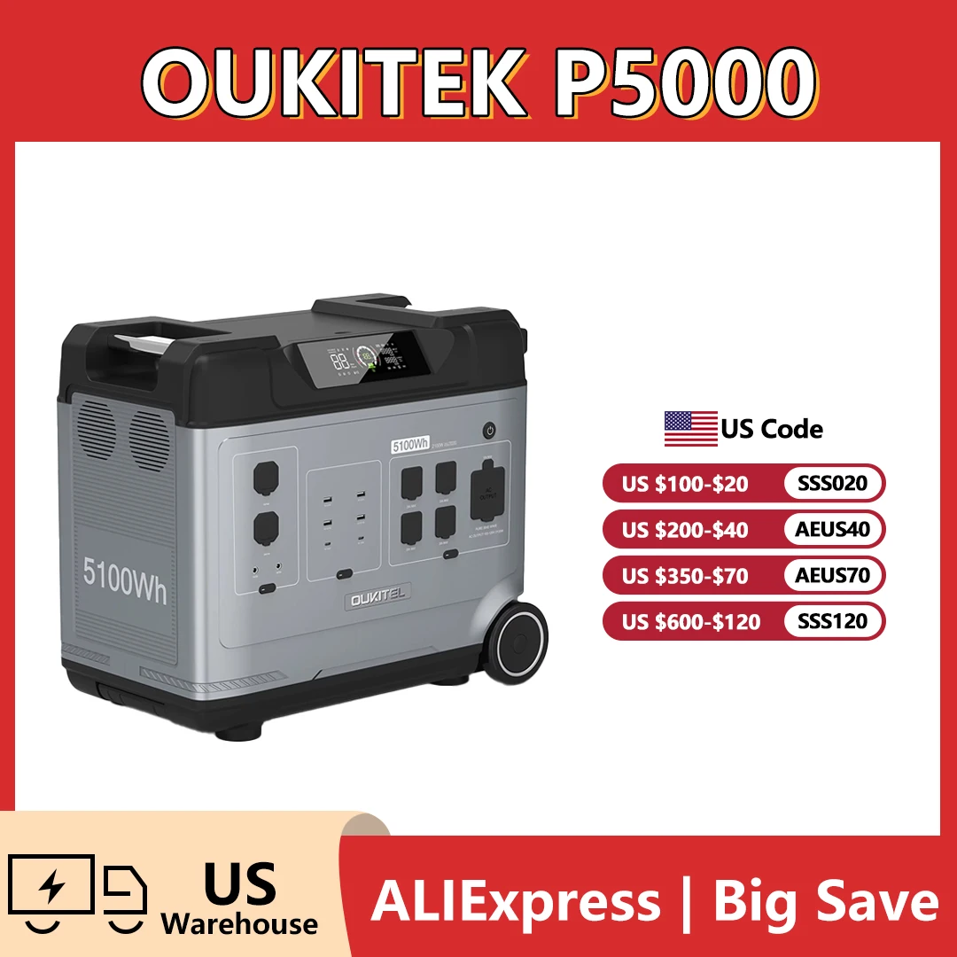 

Oukitel P5000 5100Wh Portable Power Station 2100W 4000W Solar Generator LiFeP04 Battery 120V Energy storage for Outdoor Camping