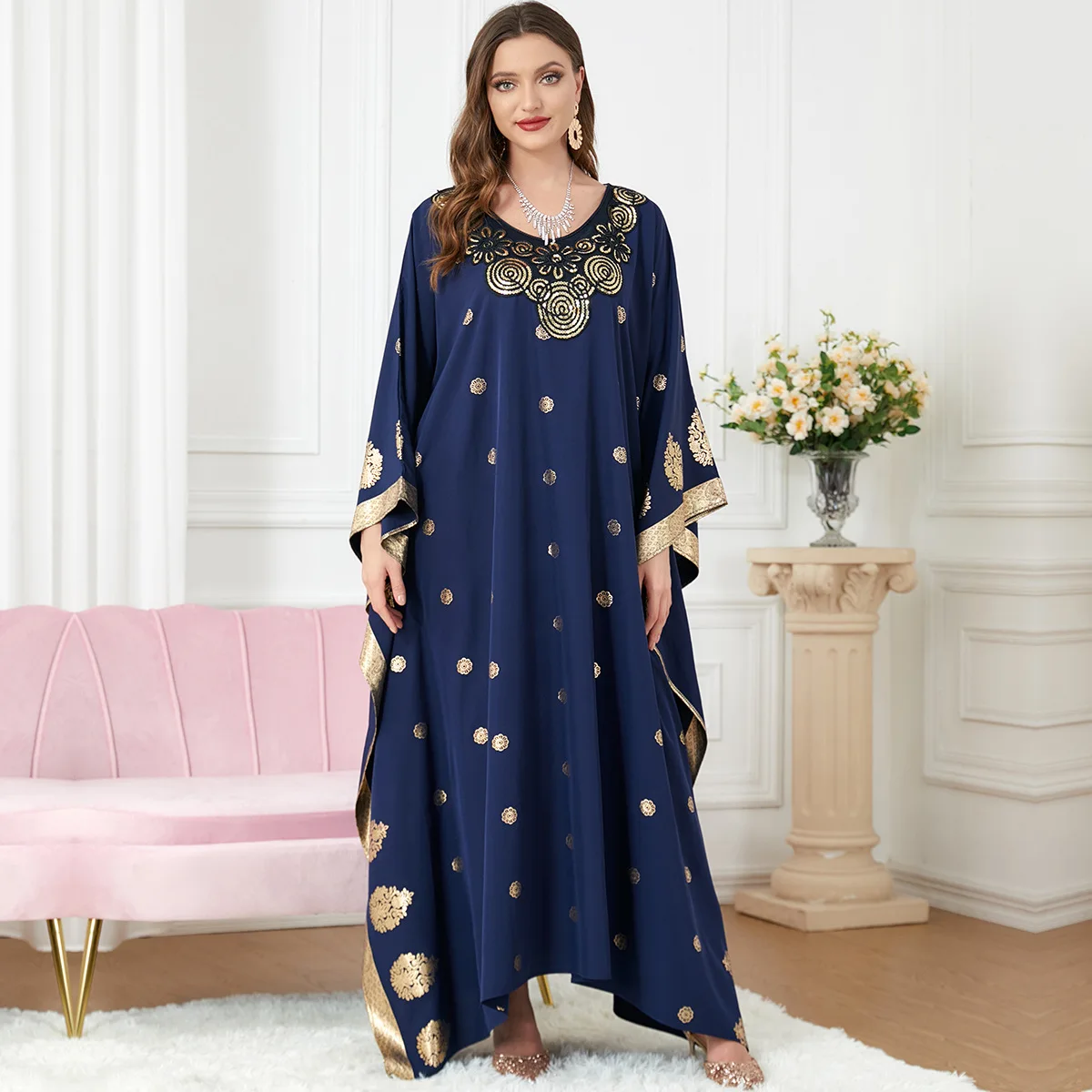 Dubai Abaya Kimono Femme Batwing Sleeve Sequins Embroidery O-Neck Abayat Gilding Print Moroccan Kaftan Ladies Dresses