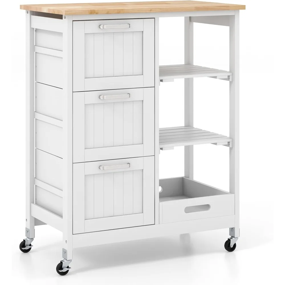 

Kitchen Storage Island Cart on Wheels, Kitchen Rolling Trolley Cart with 3 Drawers and Shelves, 360° Wheels & Detachable