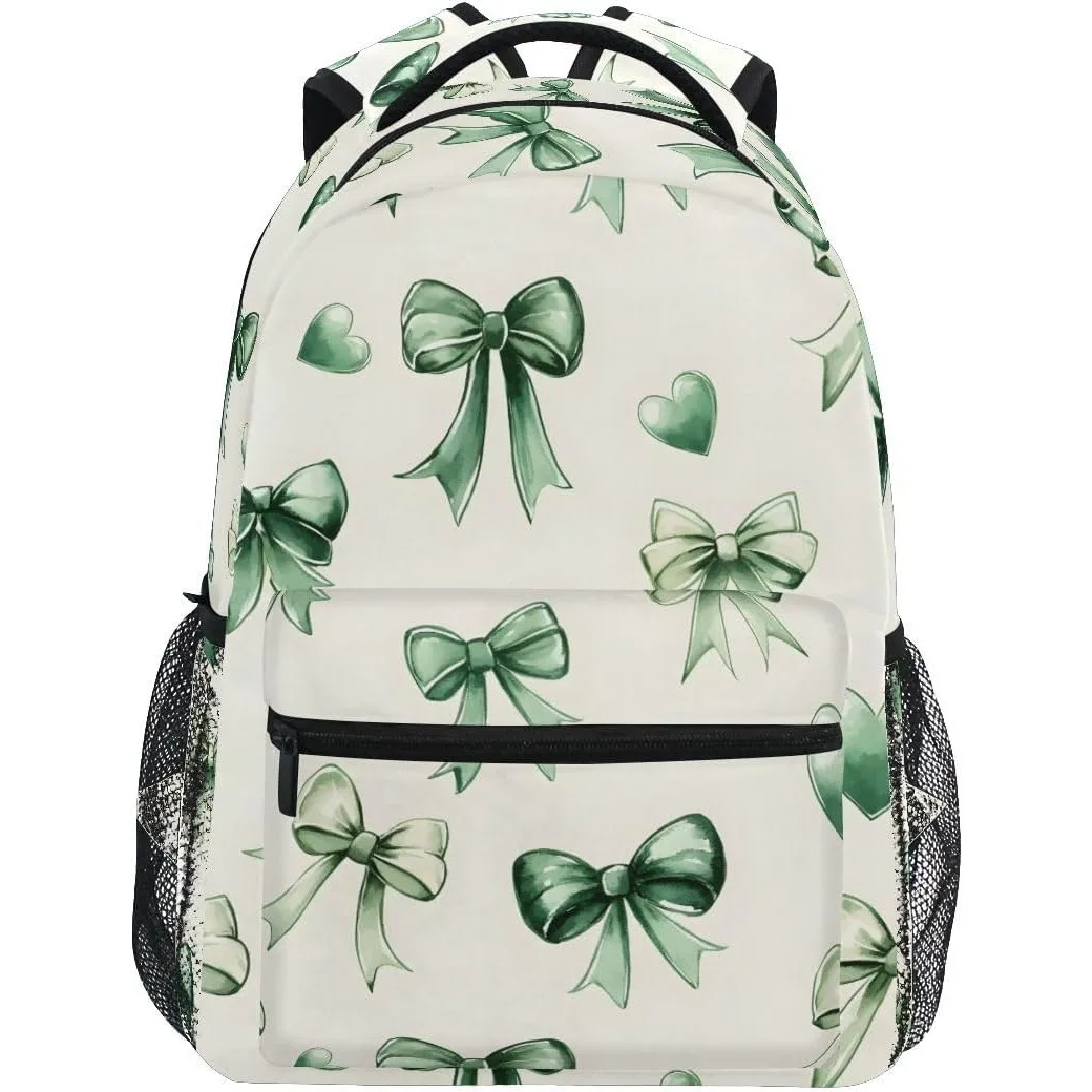 

Green Watercolor Bow Print Backpack Cute Heart Pattern School Bag Lightweight Casual Daypack For Teens Students Travel Daily Use