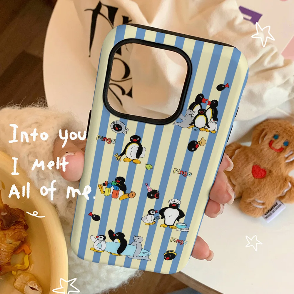 Blue and Yellow Striped Penguin Art Phone Case for IPHONE 16 15PRO MAX 14 13 12 11 Acrylic TPU Two in One Magnetic Phone Cases