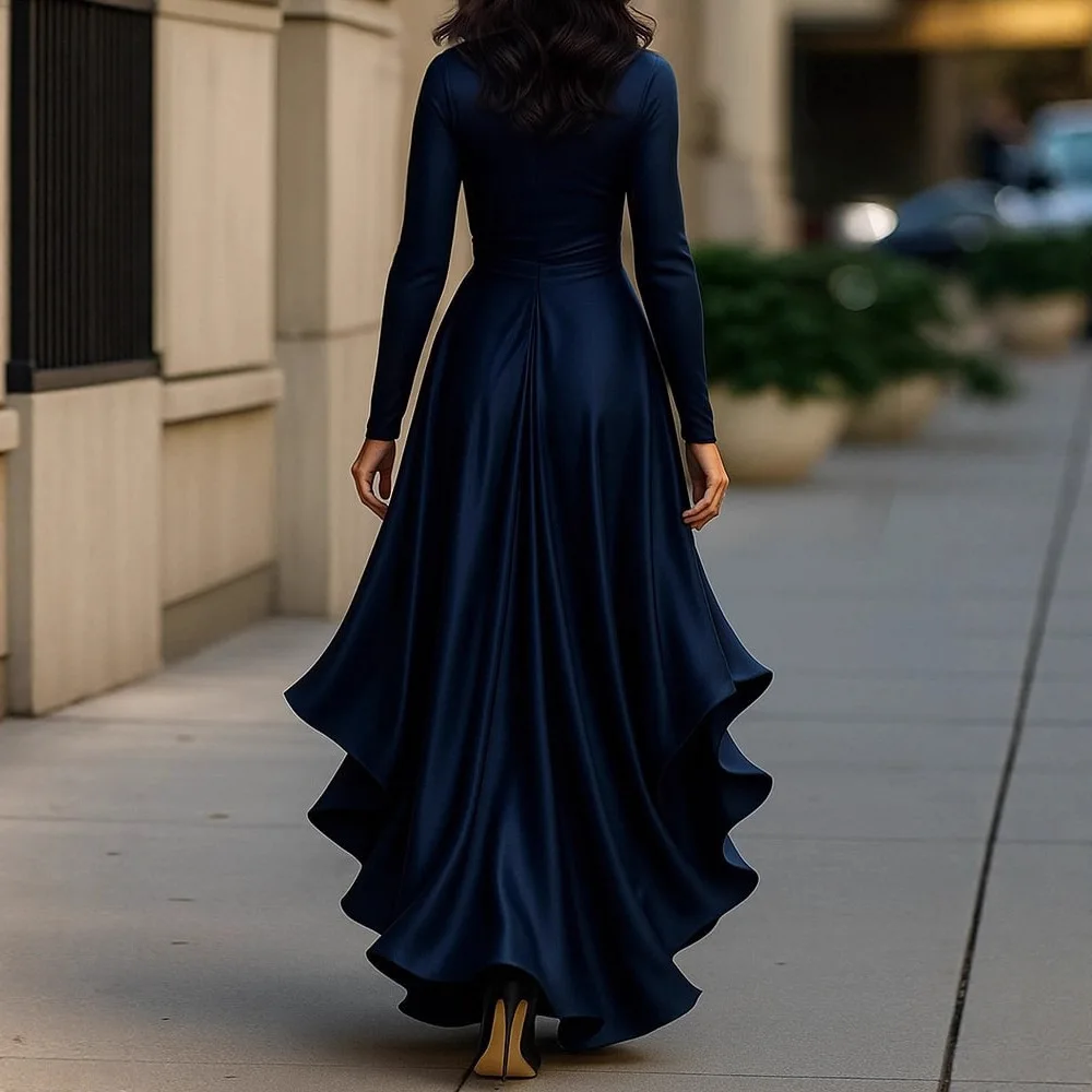 موضة الساتان ربيع الخريف كم طويل تكدرت كم طويل فستان نسائي أنيق امرأة سليم صالح غير النظامية مطوي فستان مكشكش