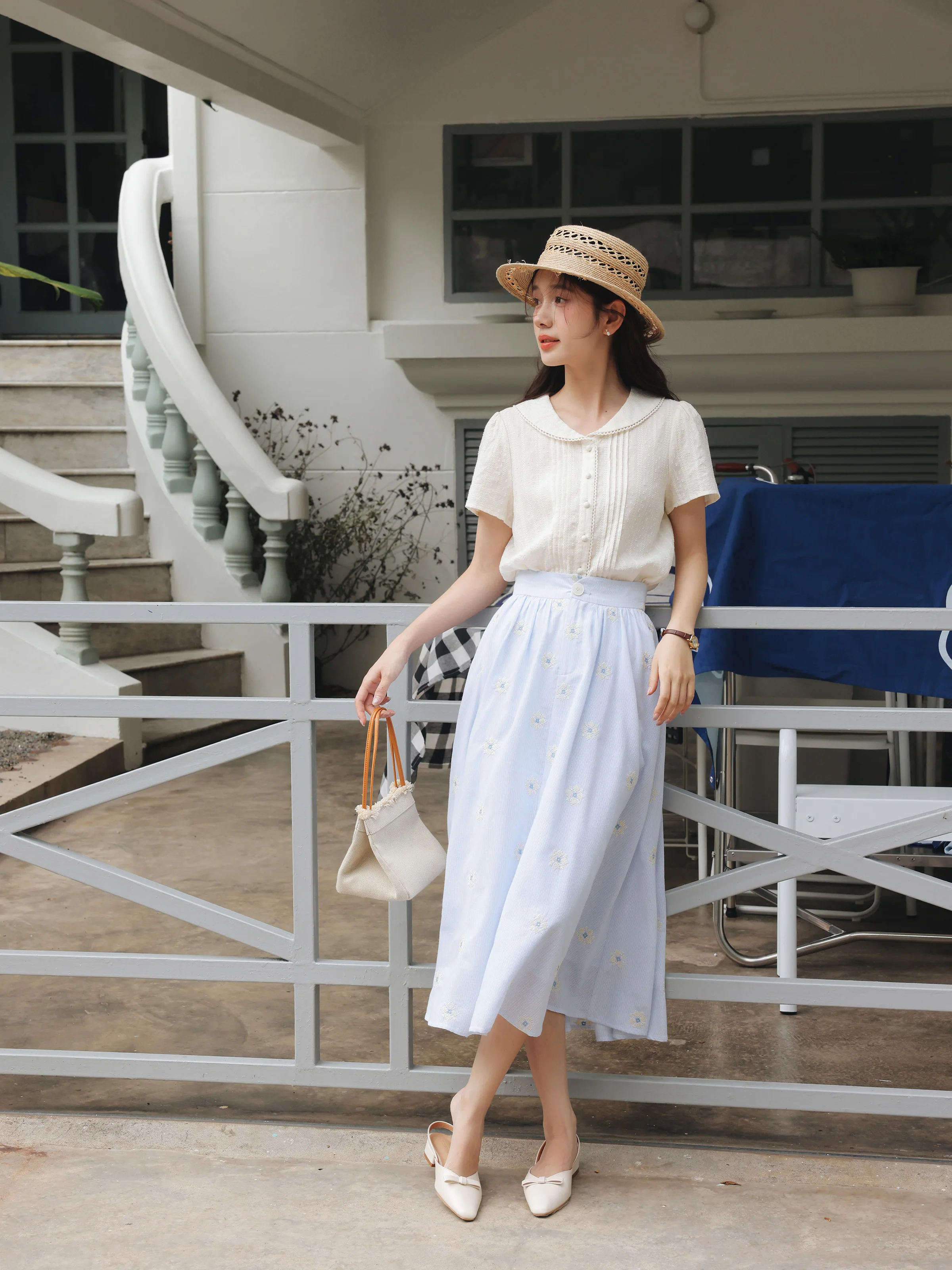 Vintage White Shirt Floral Embroidered High Waist A-Line Skirt Set Women Summer Slimming Midi Outfit Elegant Two-Piece Suit