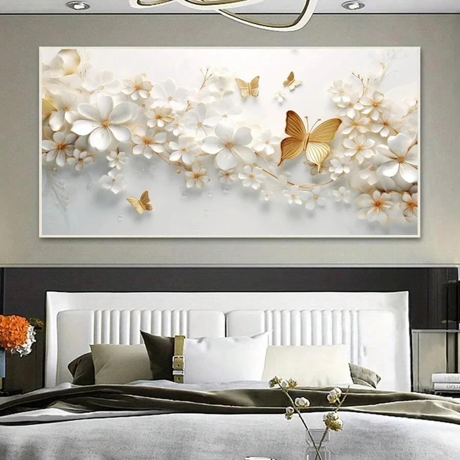 White Magnolia Flower Gold Butterfly 5D Diamond Painting Large Diy Mosaic Cross Stitch Embroidery Full Square Round Rhinestone