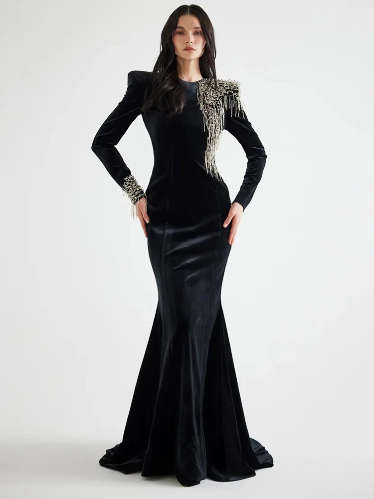 HIGH STREET Newest Fashion 2026 Designer Maxi Dresses Women\'s  Long Sleeve Luxurious Beaded Acetic Velvet Long Maxi Dress
