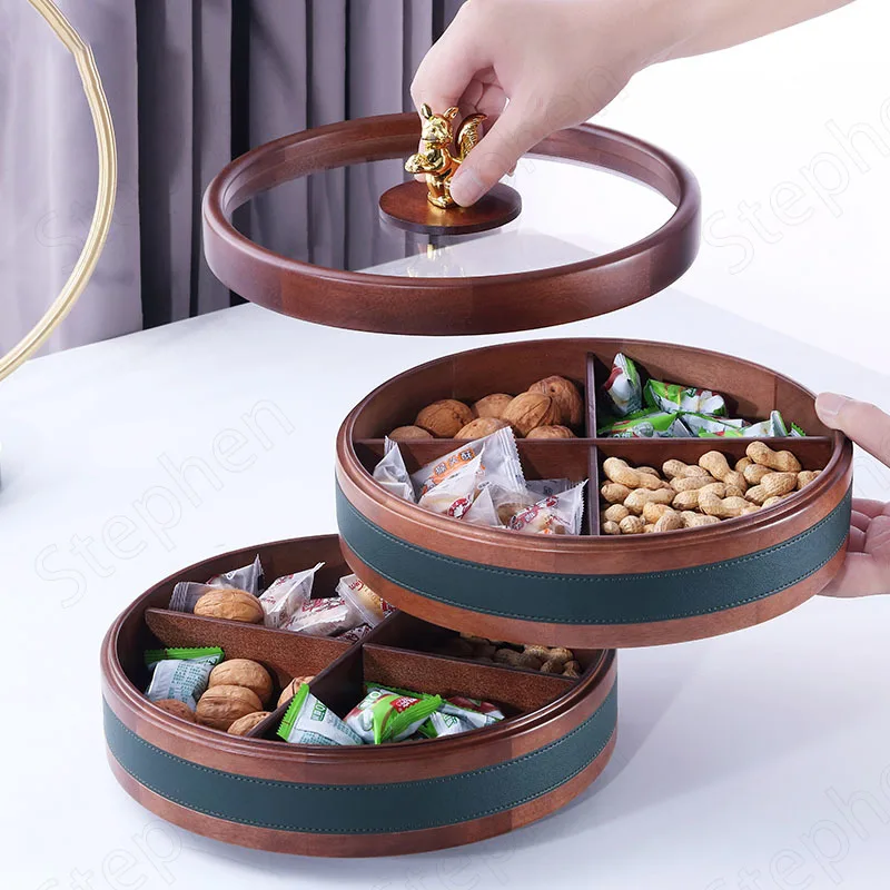 Double Layer Rotation Wooden Dishes Japanese Modern Gilded Kangaroo Decorative Walnut Wood Fruit Bowl Living Room Decoration