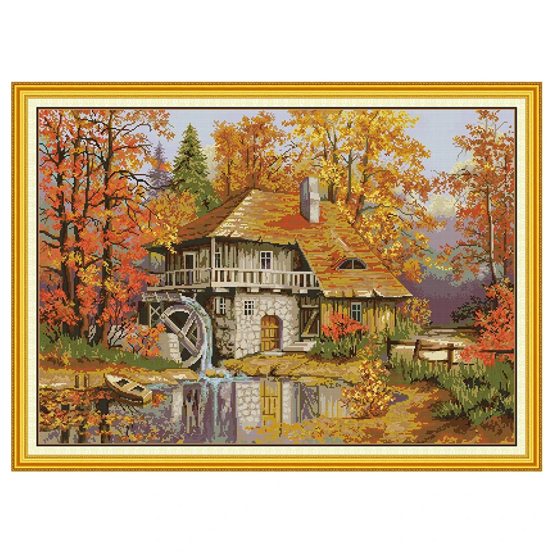 Autumn Water Mill Patterns Counted Cross Stitch Set DIY 11CT 14CT 16CT Stamped DMC Cross-stitch Kit Embroidery Needlework Crafts