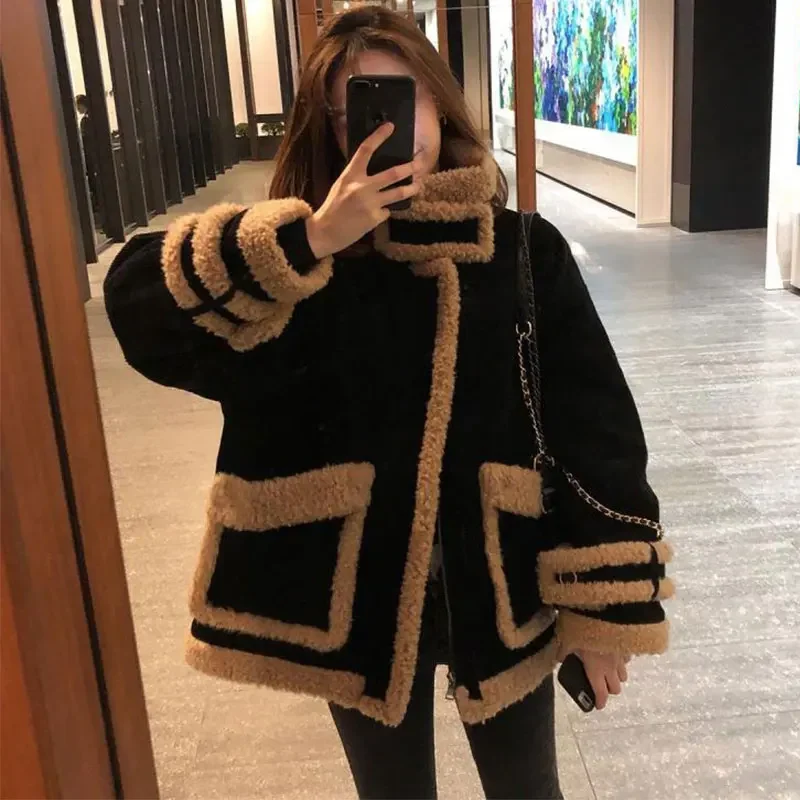 Women's Oversize Coat Lamb Wool Winter Faux Fur Suede Bomber Jacket Thick Warm Ladies Loose Outwear Tops Streetwear