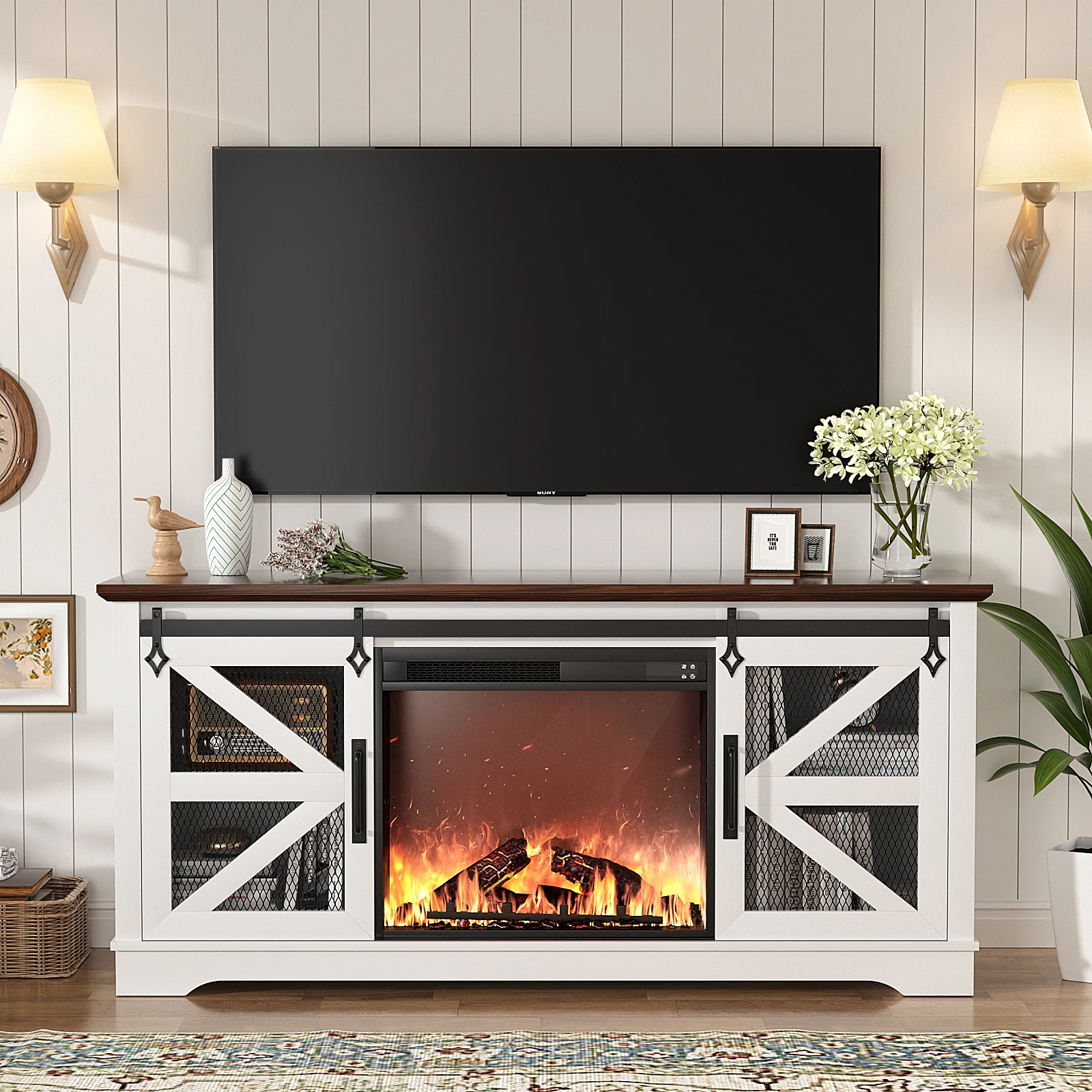 TV Stand for TVs up to 60’’ with Fireplace,Farmhouse Entertainment Center w/26’’ Electric Fireplace