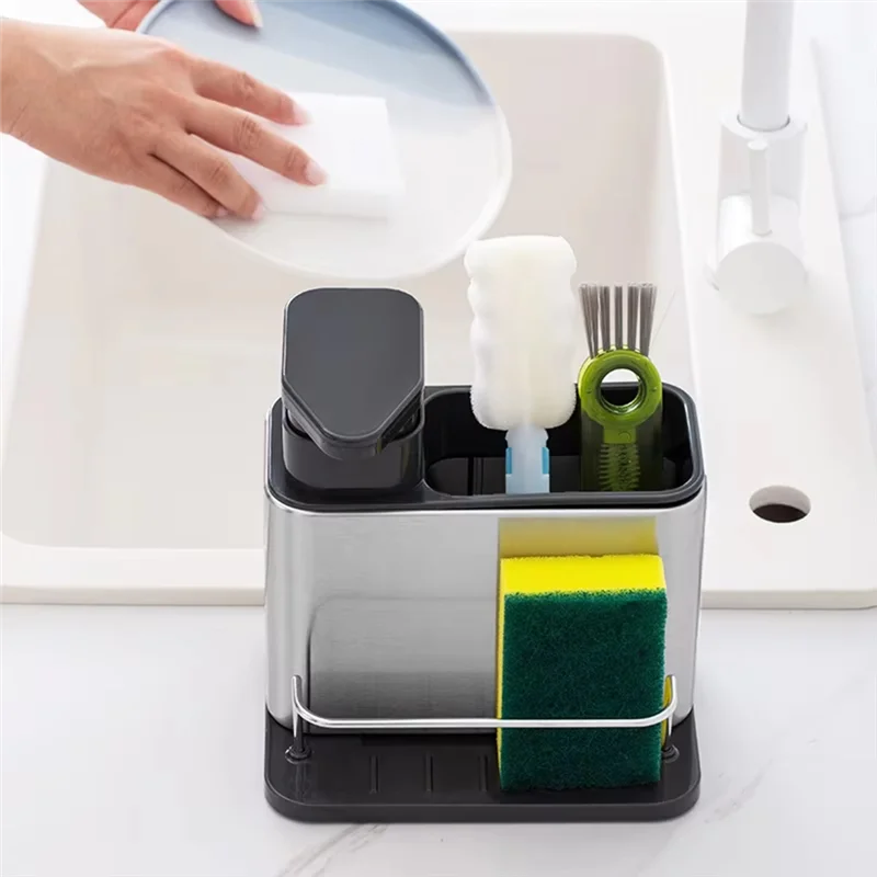 Exquisite-3-In-1 Kitchen Soap Dispenser With Sponge Holder, Stainless Steel Sink Organizer, Rustproof Dish Soap Dispenser