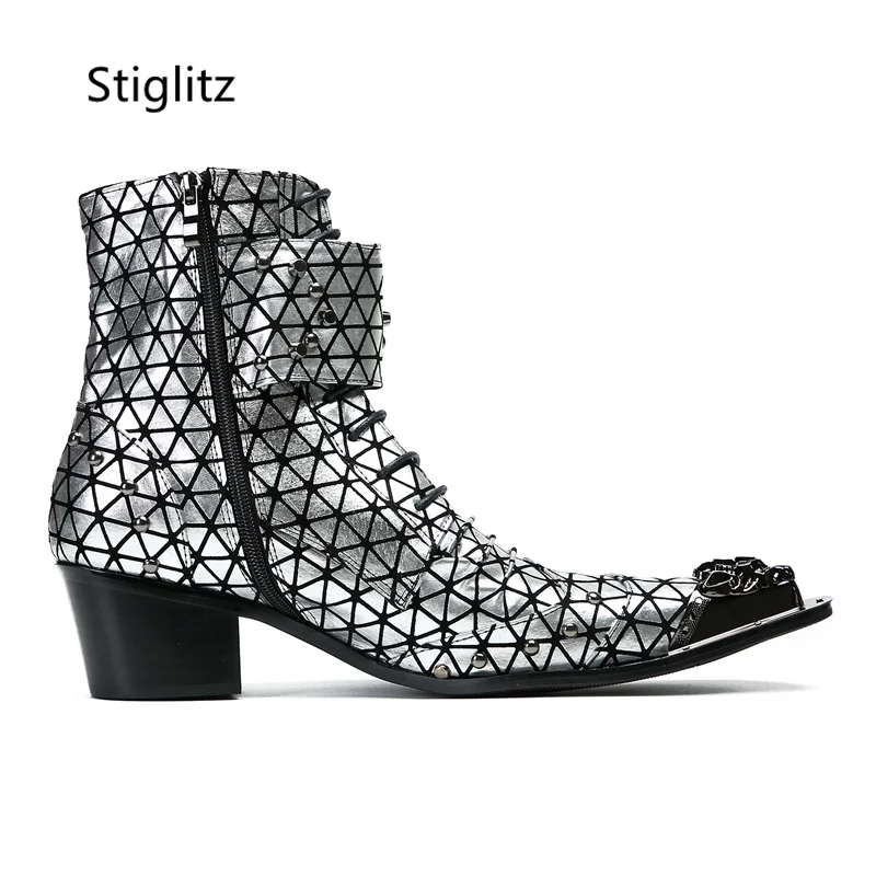 Silver Genuine Leather Ankle Boots for Men Pointed Toe Metal Decor Rivet Double Buckle Men's Boots Zip British Style Man Shoes