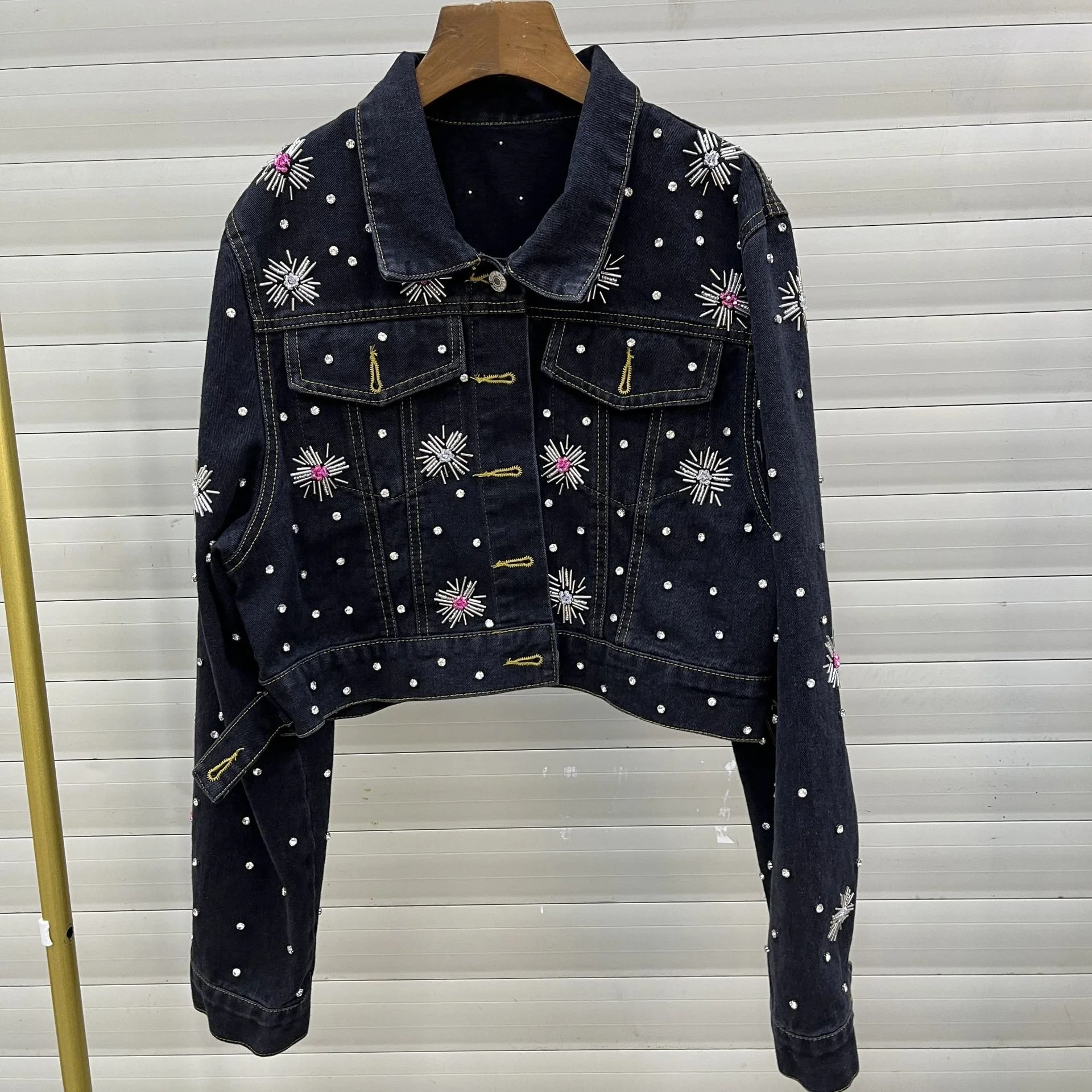 Autumn Fashion Women’s Denim New Jacket Full Sleeve Loose Button Pearls Embroidered Beads Short Lapel Wild Casual 2023