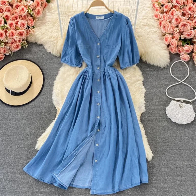 

Summer French retro V-neck puff sleeve denim dress waist aline casual women's long dress