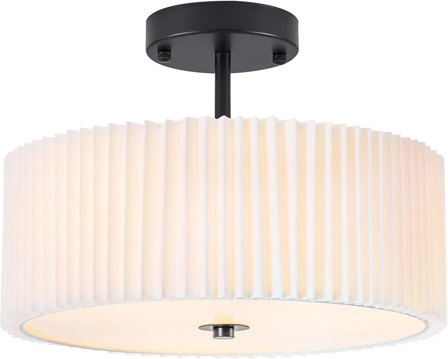 

Semi Flush Mount Ceiling Light, 12.5in Black Fixture with Pleated Fabric Shade for Bedroom, Living Room, Hallway