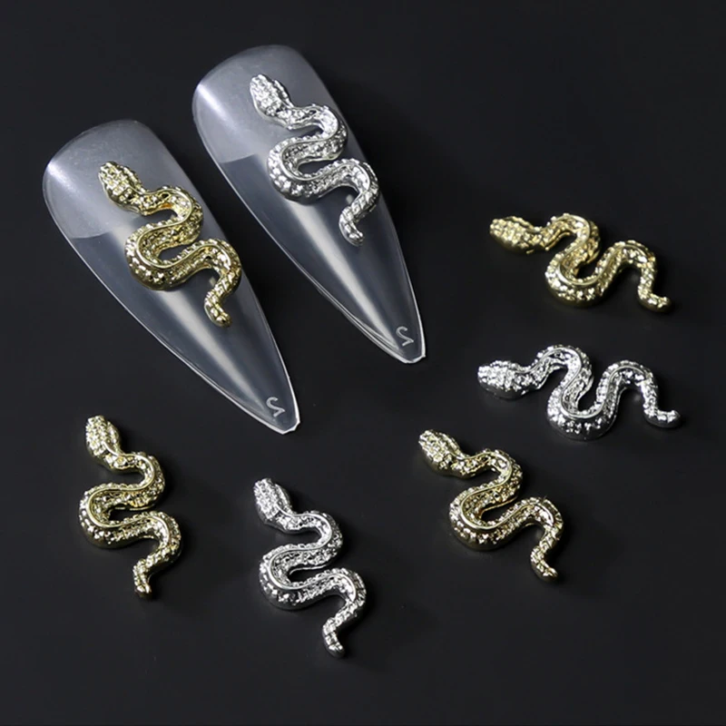 10pcs 3D Gold/Silver Snake Nail Charms Metal Alloy Snake Nail Art Rhinestones Manicure Jewelry For DIY Luxury Accessories