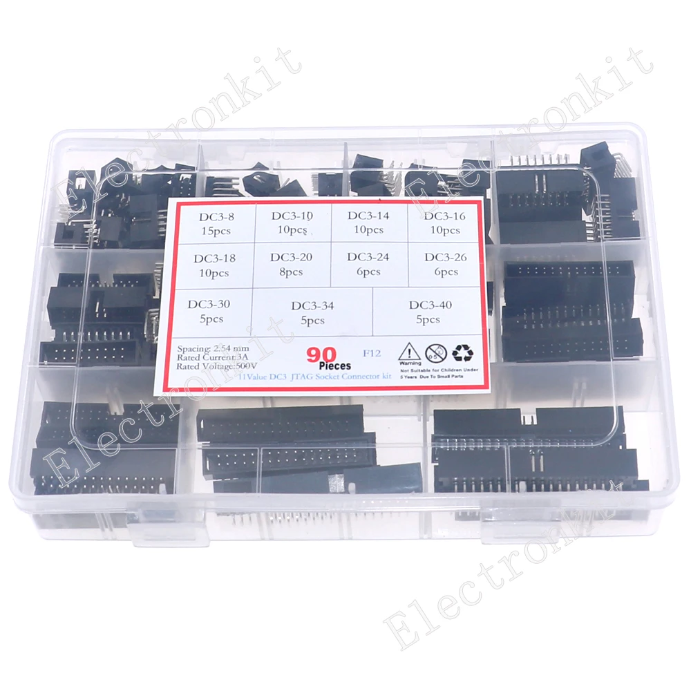 90pcs 11Value DC3 8P-40P 2.54mm Socket Header Connector ISP Double-spaced  Curved needle Assorted kit