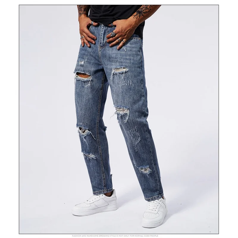 2024 Summer New Men\'s Perforated Jeans Loose Harun Retro Street Fashion Korean Edition Long Pants