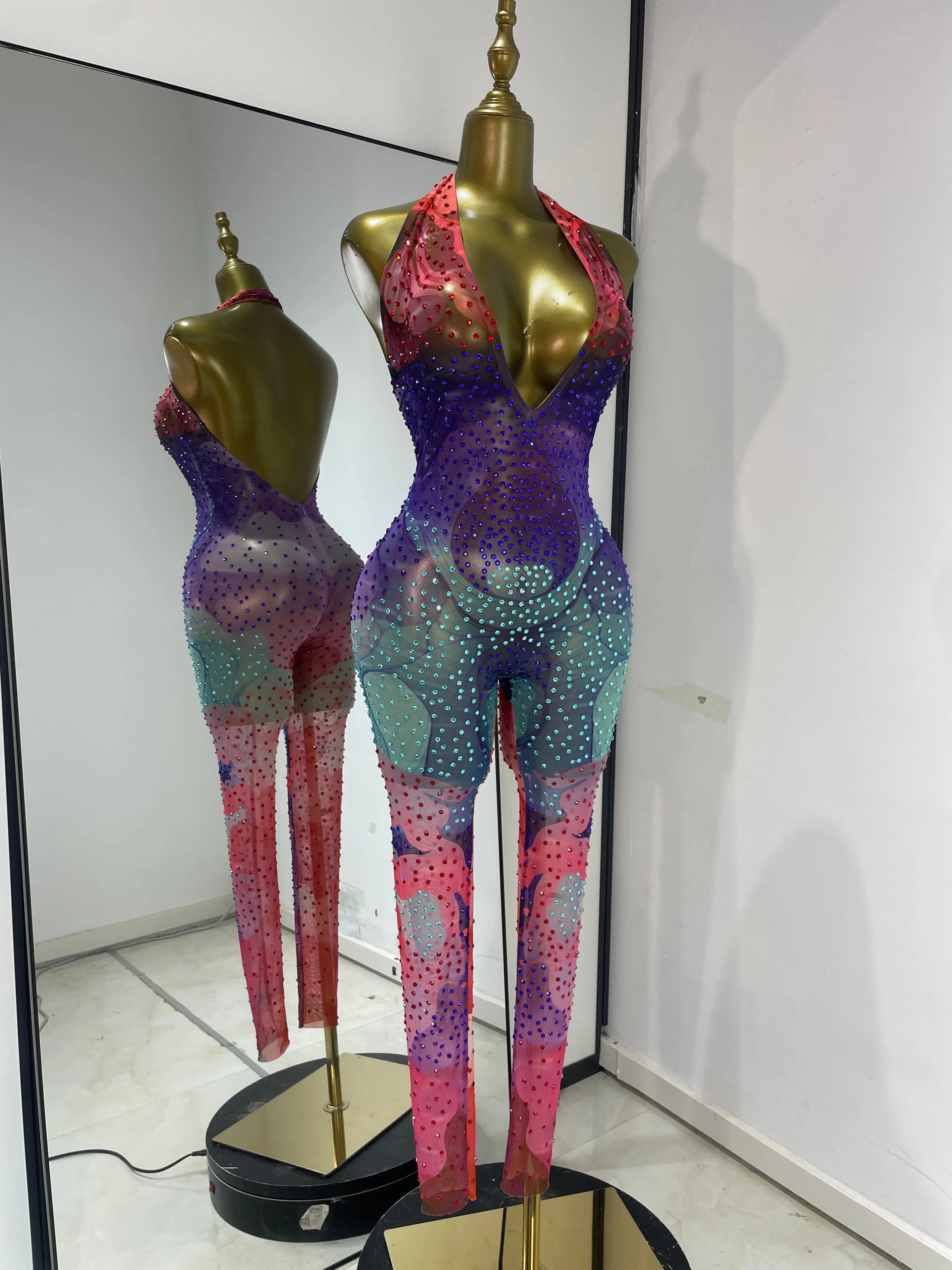 Real Photos Carnival Parade Catsuit Coloful Sparkly Rhinestones Mesh Halter V Neck Backless See Through Jumpsuit Festival Outfit