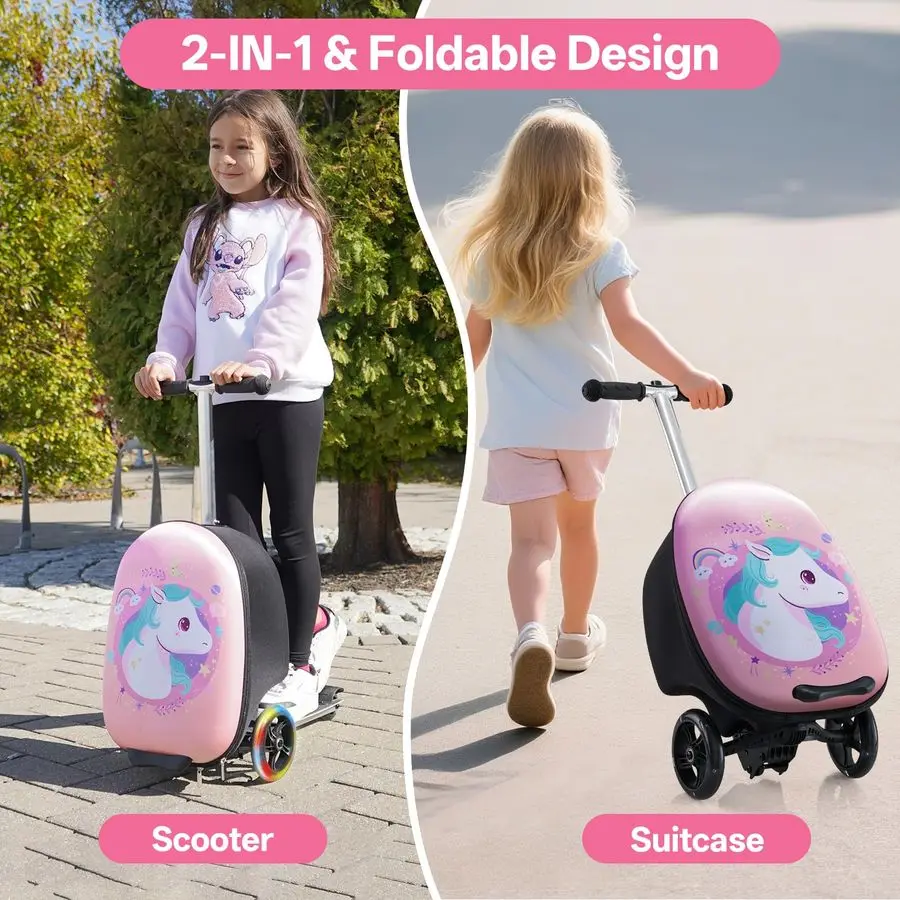

Kids Scooter Suitcase, 19in Large Capacity RideOn Luggage with LED Light Wheels, Lightweight CarryOn for Fun and Travel, Durable