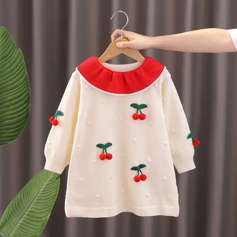 Knitted Dress For 1-6Y Girls Autumn Winter 3D Cherry Peter Pan Collar Kid Girl Frock Toddler Baby Girl Lovely Long Sleeves Dress