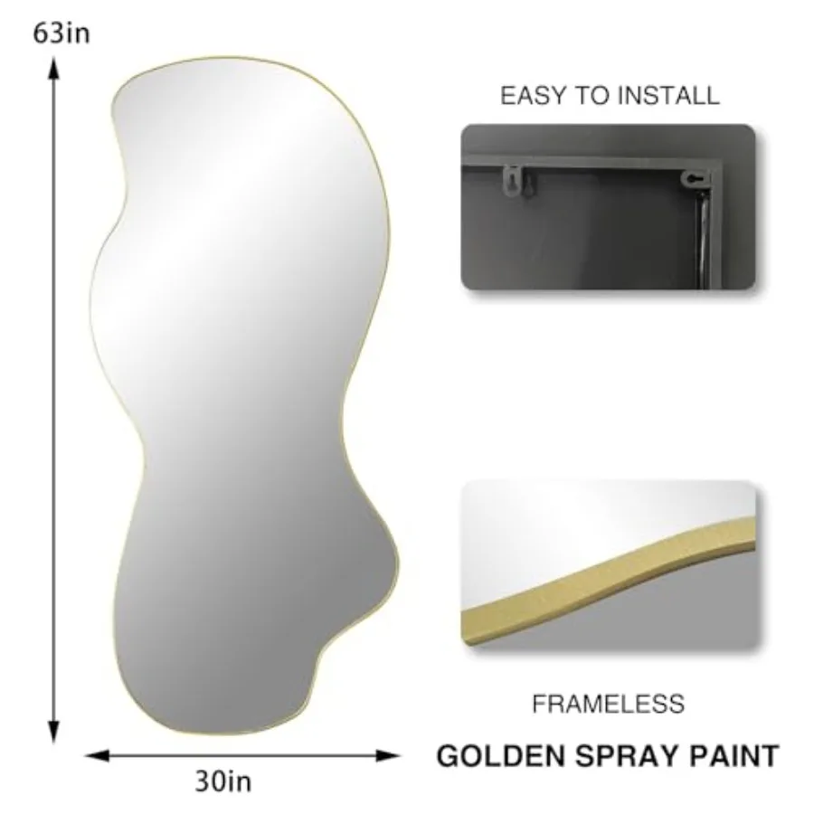 Large Irregular Mirror 63x30 Gold Asymmetrical Frameless Mirror Modern Organic Shape Wall Mirror for Living Room Bedroom Hallwa view 5