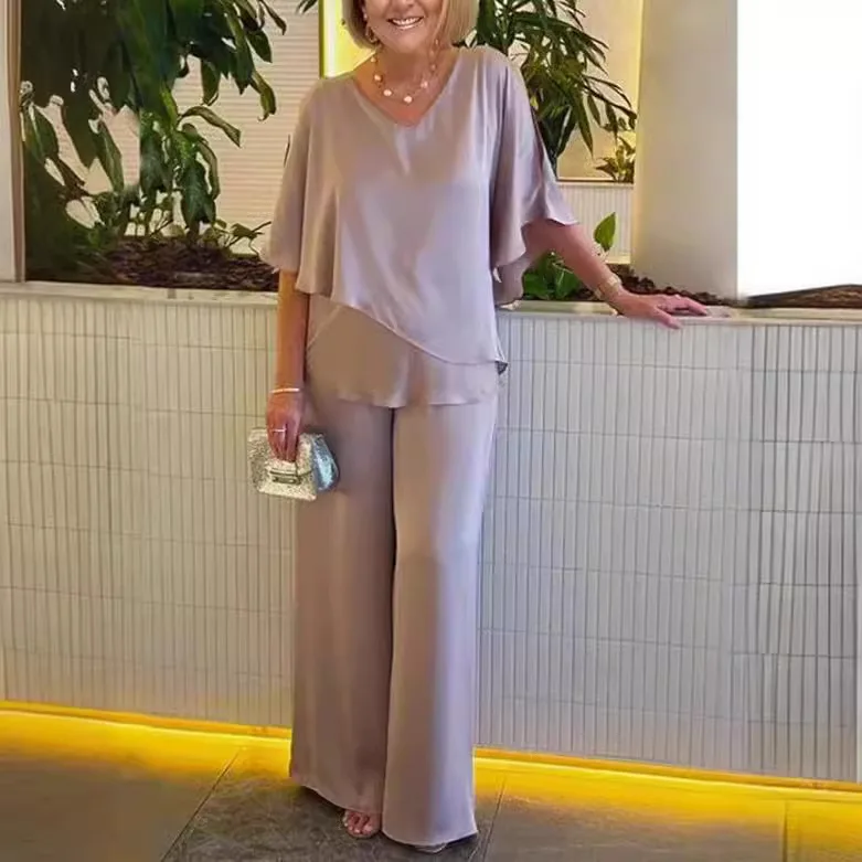 

2 Piece Sets Women Summer Ensemble Irregular Top Wide Leg Pants Suit Blouse Floor Length Trousers V Neck Casual Outfits 2025