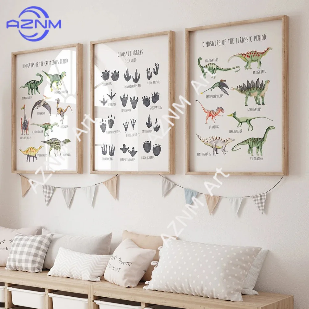 1/3PCS ，The cartoon dinosaur species English knowledge study poster education children baby bedroom toy room canvas decoration