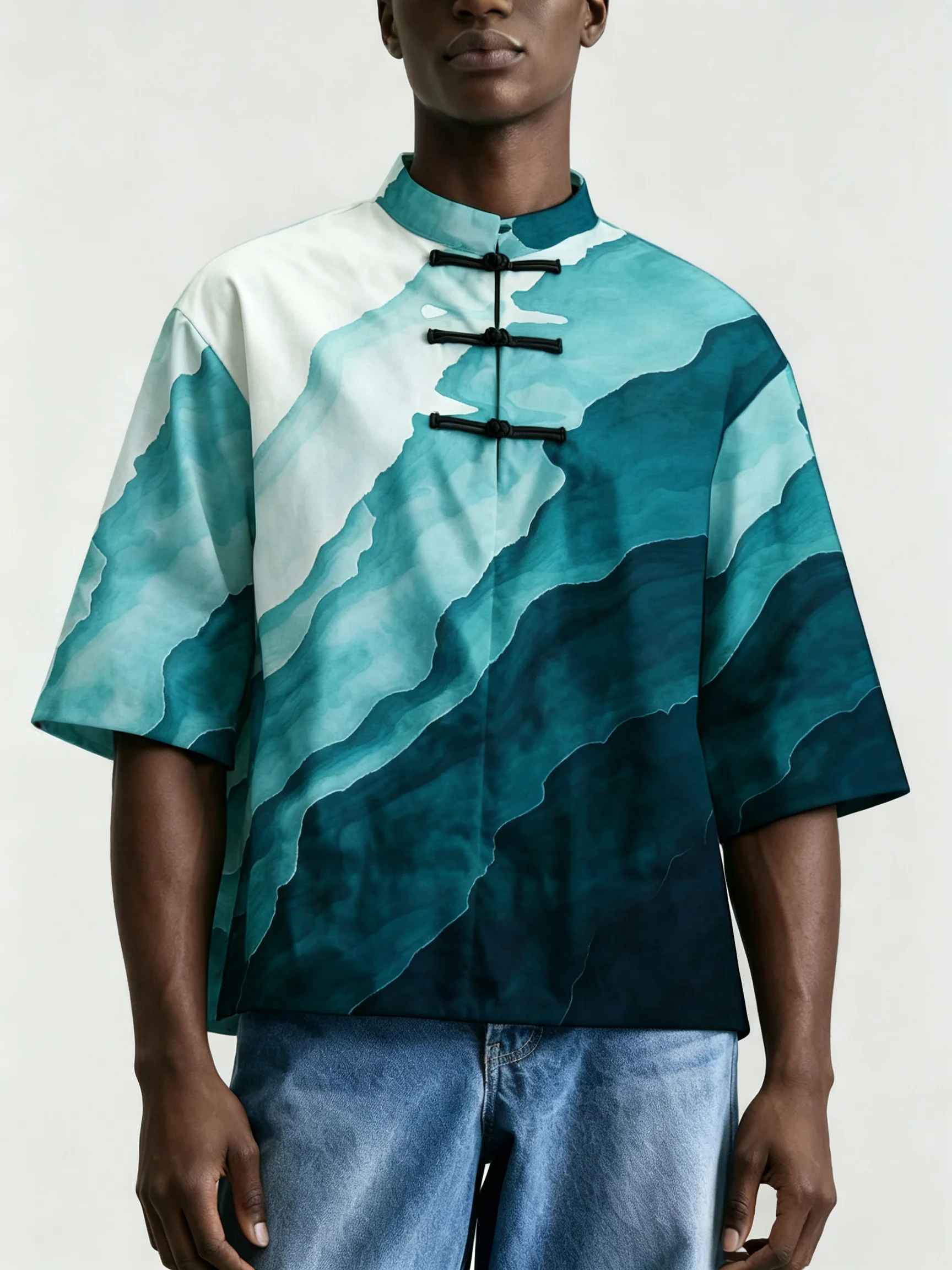 Men Chinese Style Frog Button Stand Collar Shirt, Loose Short Sleeve Ink Print Casual Blouse For Summer