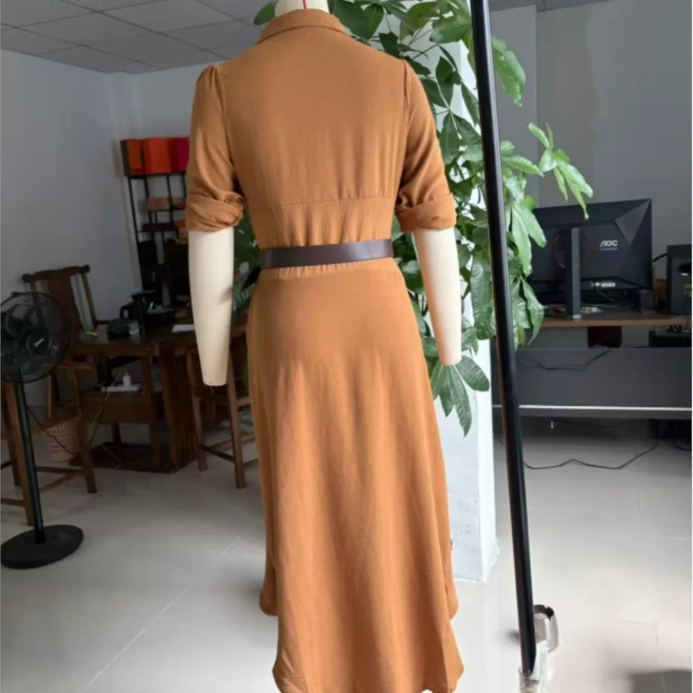 2024 Autumn New Women\'s Clothing Solid Color Fashionable Temperament Long Sleeved Sleeve Lace Up Casual Mid Length Lapel Dress