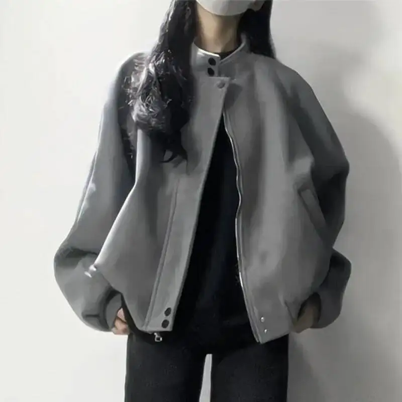 

Retro American Grey Suede Women's Spring Autumn New Style Versatile Stand Collar Jacket Trendy Outerwear