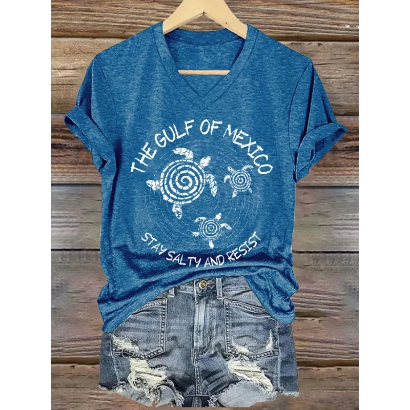 HOT Women's Gulf Of Mexico Turtle Print T-Shirts Summer V Neck Tops Short Sleeve Casual Tees