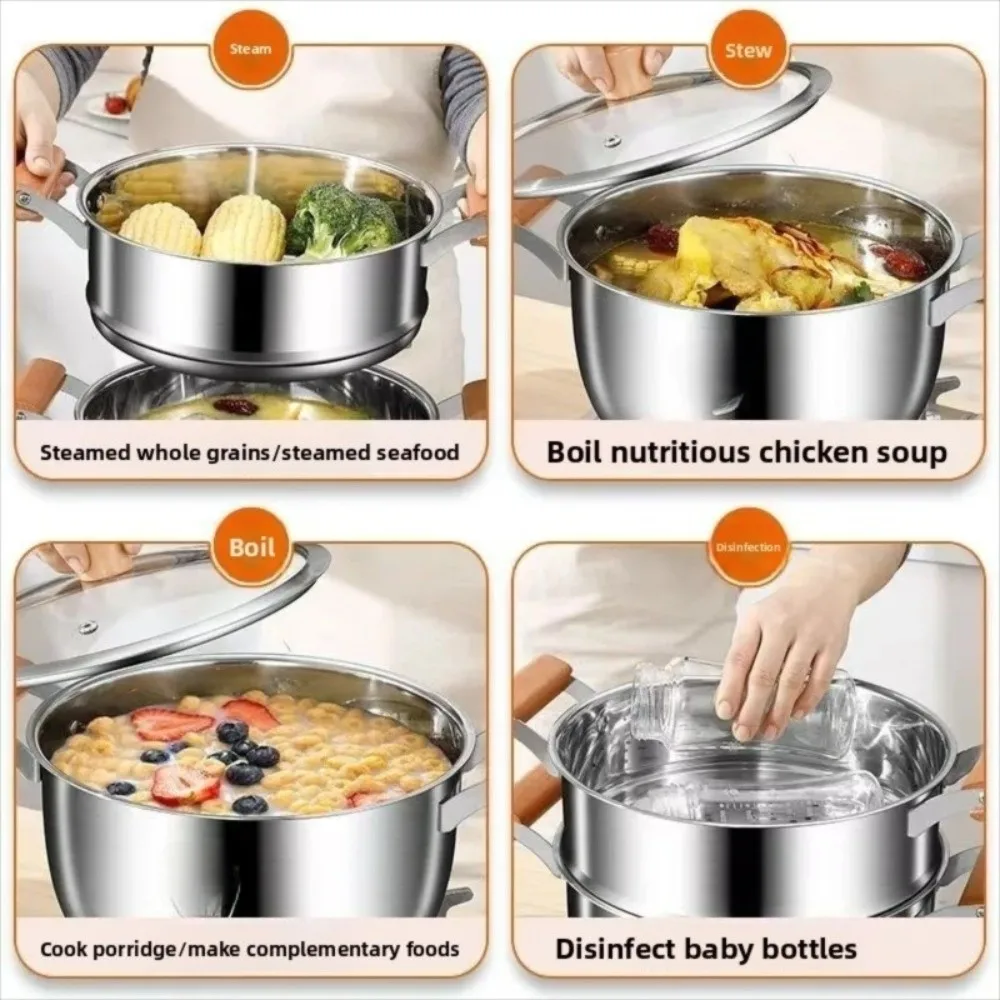 

Food Grade Stainless Steel Stock Pot with Lid Wooden Handle Stew Soup Pot Non Stick Cooking Tools Stainless Steel Steamer