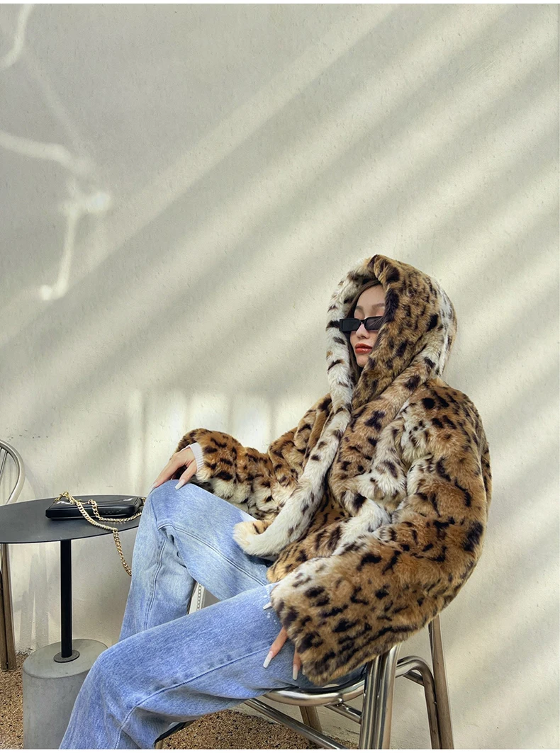 Lautaro Winter Short Thick Warm Leopard Print Faux Fur Coat Women with Hood Raglan Long Sleeve Hot Girl Loose Soft Fluffy Jacket