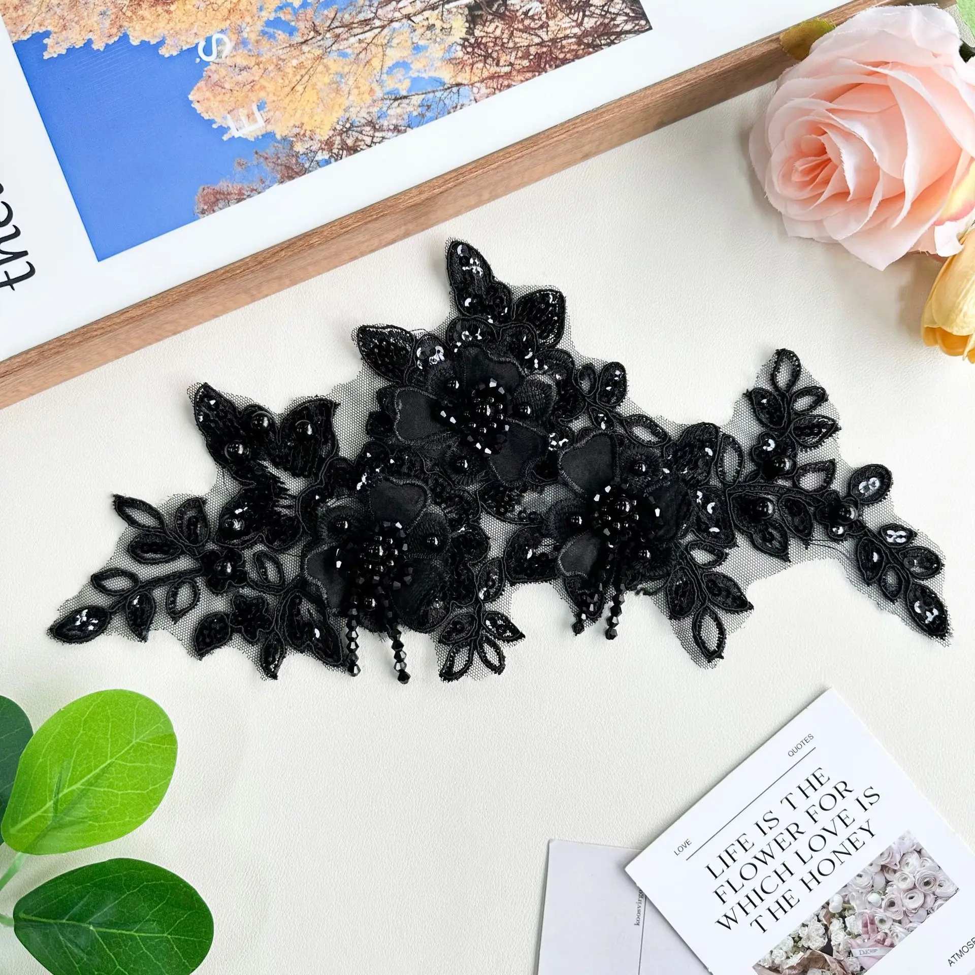 Three-dimensional Bead Embroidery Lace Flower Piece Black Branch Design DIY Clothing Shoe And Hat Box Bag Headscarf Shirt Decora