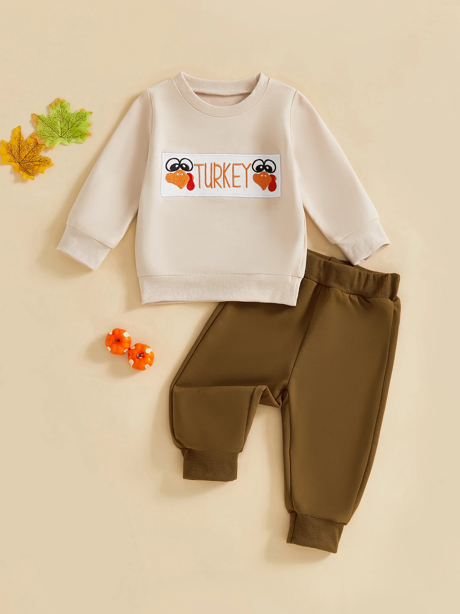 طقم هوديي وسروال مطبوع عليه تركيا لعيد الشكر للرضع للاحتفال بالخريف مع عشاء عائلي