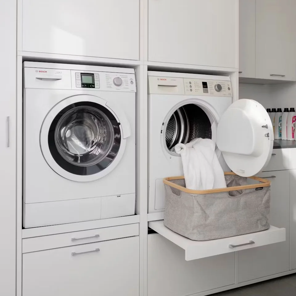 Laundry Room Cabinet,Modern White Washer Dryer Cabinet,Built-in Niche Pull-out Laundry Basket Shelf,Wood Storage