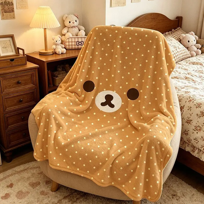 Cute Japanese Style Bear Flannel Throw Blanket Polka Dot Retro Soft Nap Blanket For Student Dorm All Season Home Decor