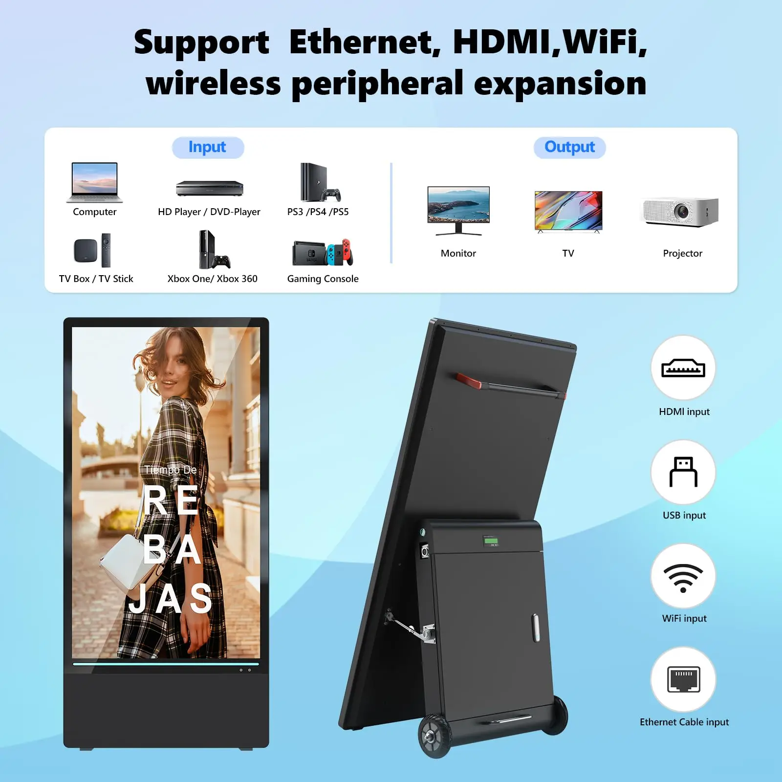 شاشات لافتات رقمية محمولة قابلة لإعادة الشحن مقاس 43 بوصة من MWE، مقاومة للماء IP55، شاشة مقسمة LCD ذكية، كشك متحرك