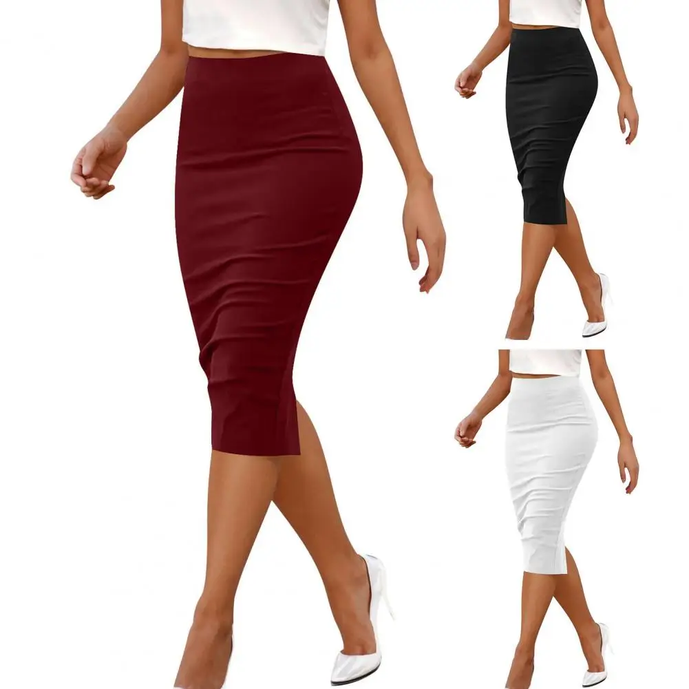 

Women Body Contour Skirt Slit Design High Waist Hip Wrapped Midi Skirt Slimming Soft Fabric Office Lady Party Daily Wear Skirt