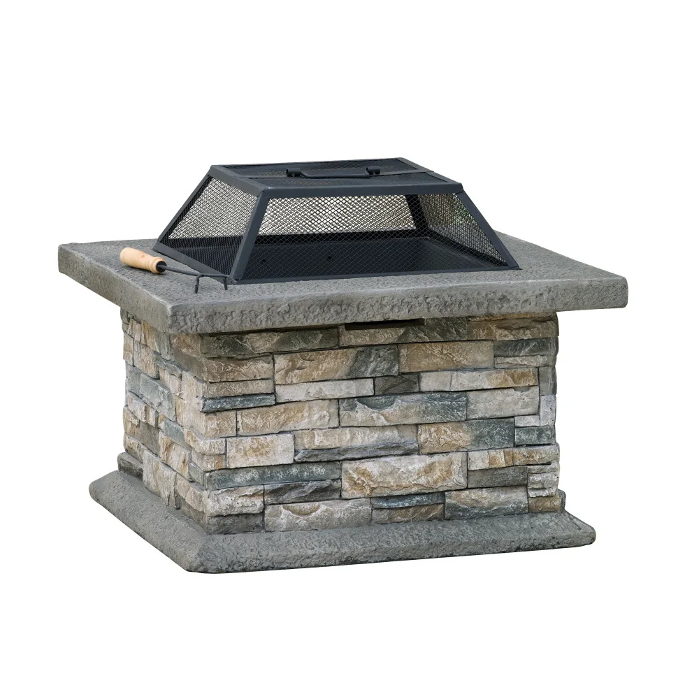 29x29 Inch Square MGO Fire Pit Fiberglass Reinforced Cement Outdoor Fire Table with Iron Shield for Patio Backyard Entertaining