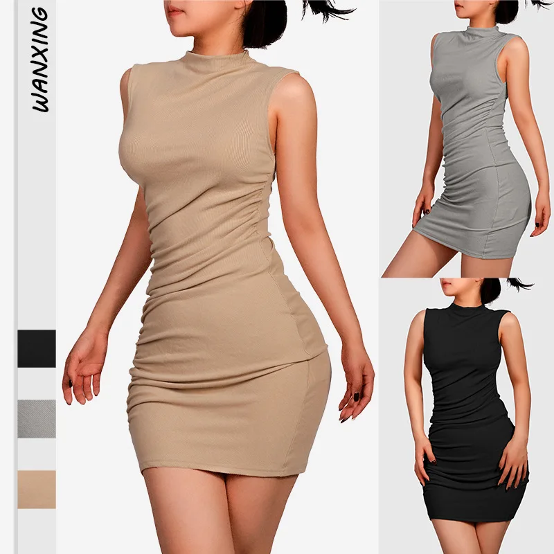 

Новые летние женские платья без рукавов, маленькое платье с высоким воротом, тонкое плиссированное платье на бедрах, женское ощущение