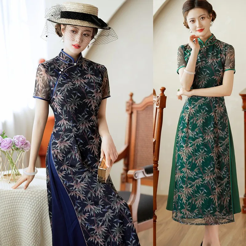 

2024 New Vietnam Aodai Improved Cheongsam Chiffon Dress Elegant Temperament Lady Party Vestido Exquisite Floral Printing Dress