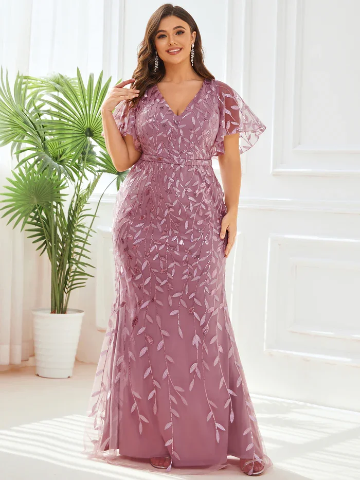 Gorgeous Plus Size Deep V Neck Leaf-Sequined Fishtail Sexy and elegant V Neck Maxi Bodycon Evening Dress with Flare Sleeves